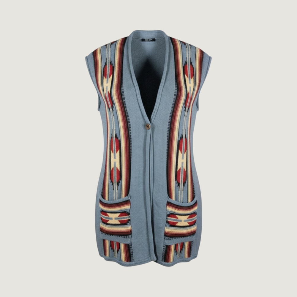 Chaps Denim Womens Large Blue Southwestern Knit Longline Vest Cardigan Pockets